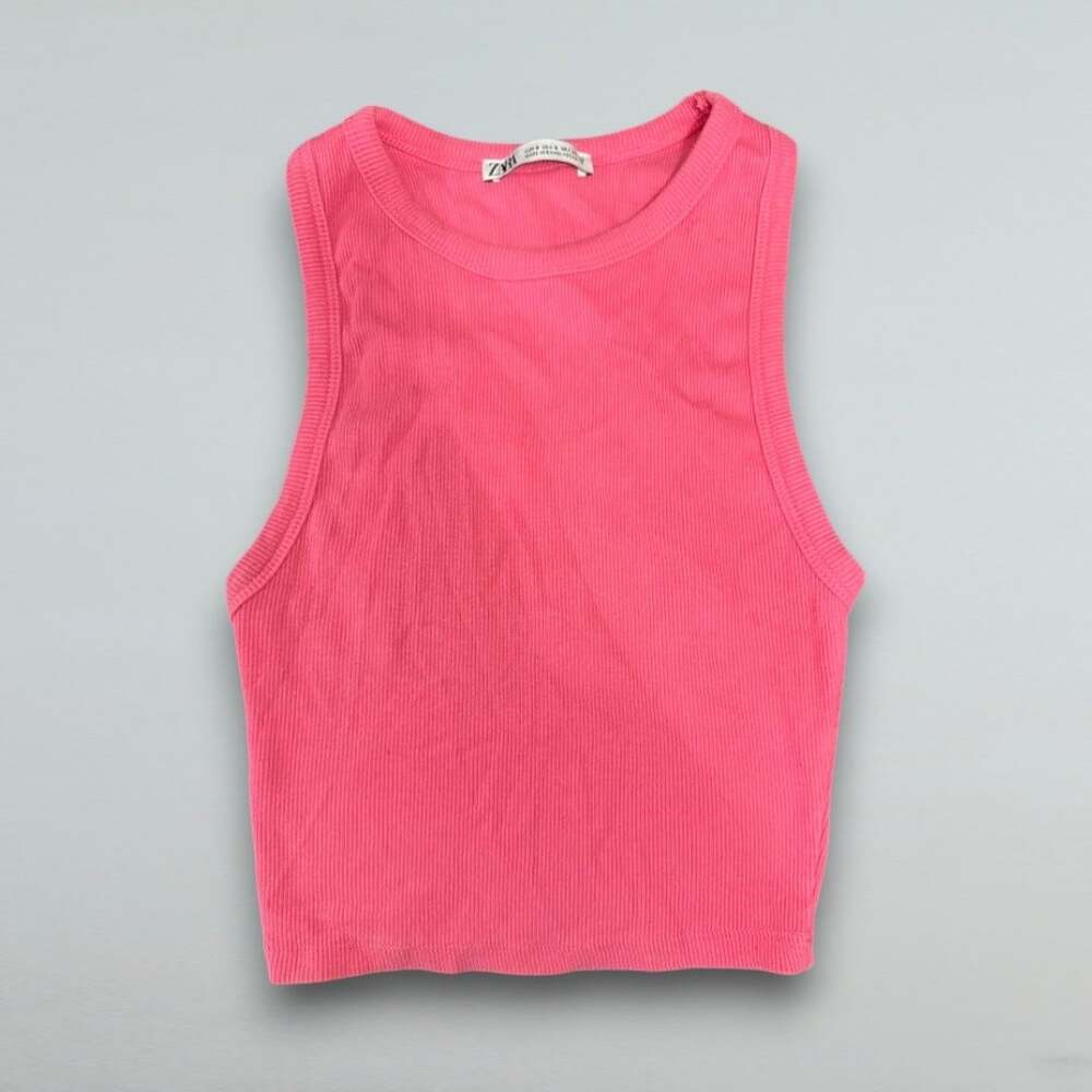 Pink Ribbed Cropped Tank Top High Neck Sleeveless Y2K Small